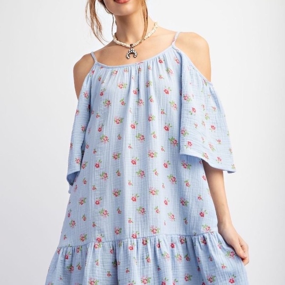 New Easel Cold Shoulder Dress Pom Pom Trim Ruffle Gauze Blue Floral Pockets - Picture 9 of 12